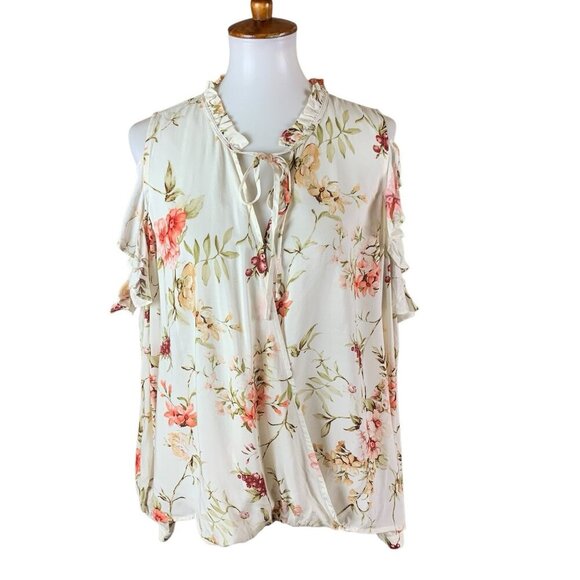 Maven West Ruffle Sleeve Floral Cold Shoulder Blouse Large - Picture 1 of 6